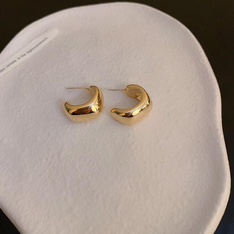 Silver Needle C-Shaped Metal Hoop Earrings - European & American Heavy Industrial Design, Fashionable, Versatile High-End Women's Studs.