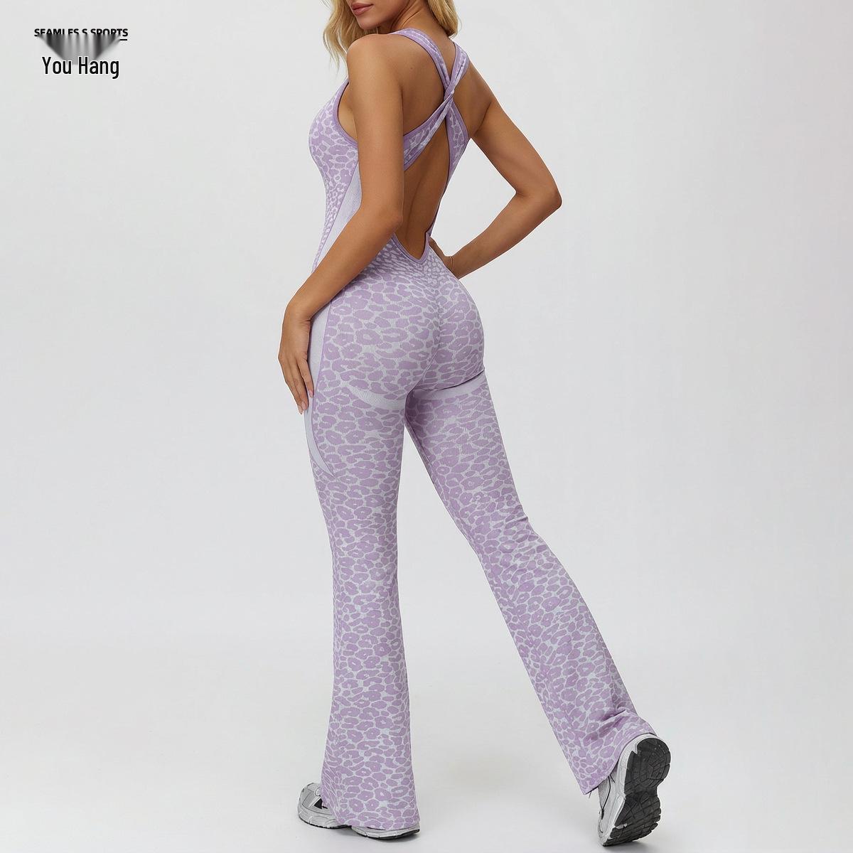 

In Stock Leopard Print Bell Bottom Jumpsuit - Casual Sexy Yoga Pants Bestseller Medium фіолетовий