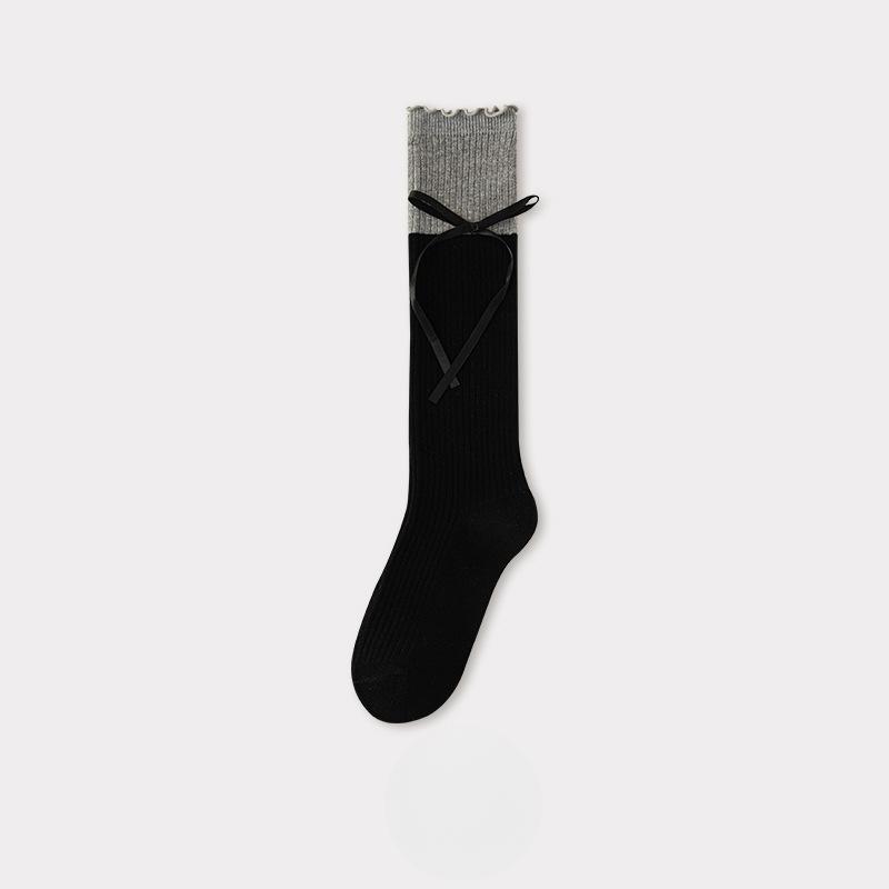 Sweet Ribbon Bow Mid-calf Socks for Women, Color-blocked Black Ear-trimmed Pile Socks