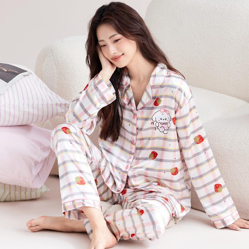 Ice Silk Pajamas Women'S Spring And Summer Thin Long-Sleeved Trousers Fashion Cool Cardigan Loungewear Suit Can Be Worn Outside