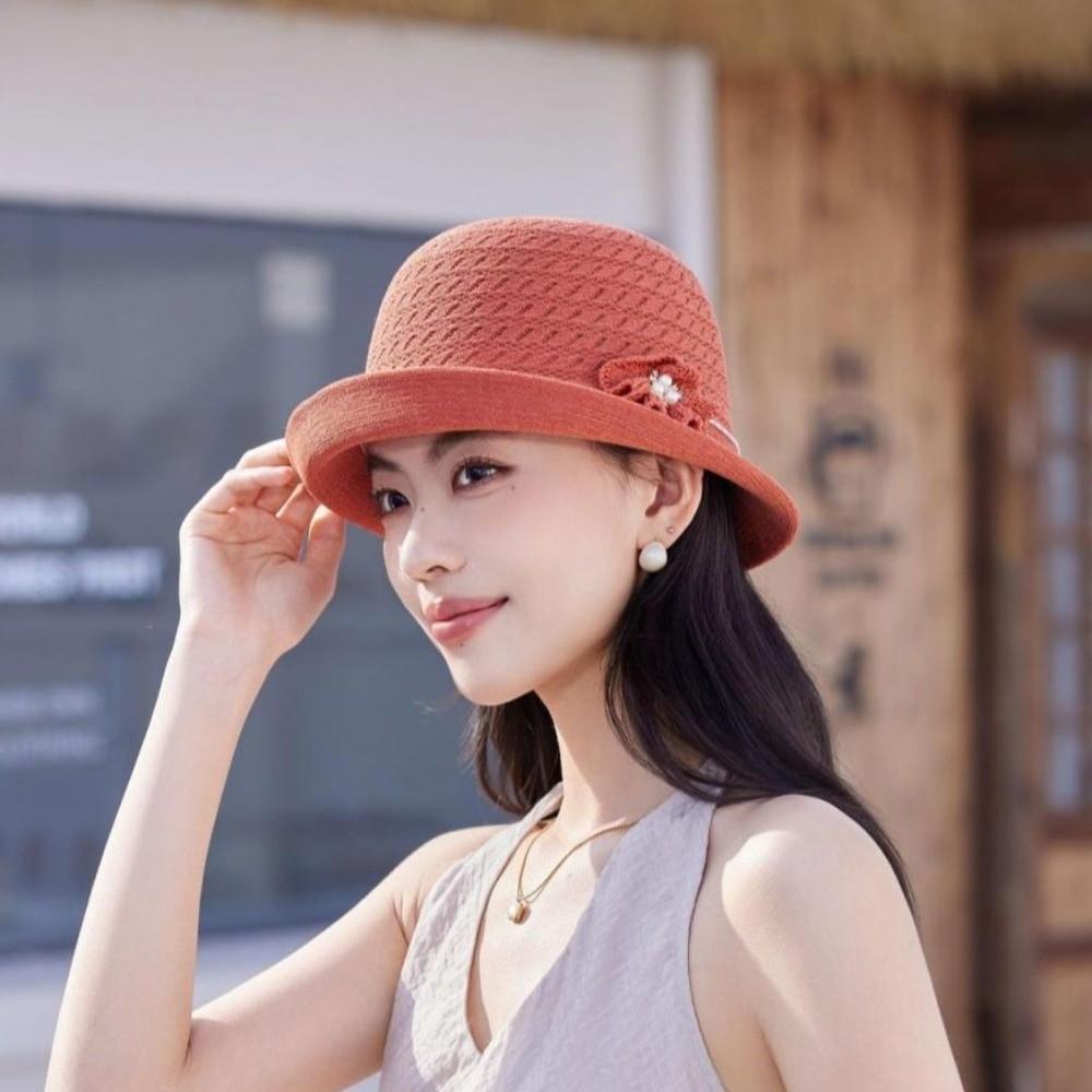Elegant Middle-aged Mother Hat Round-Top Bucket Hat High-End Hepburn-Style Sun Hat Party