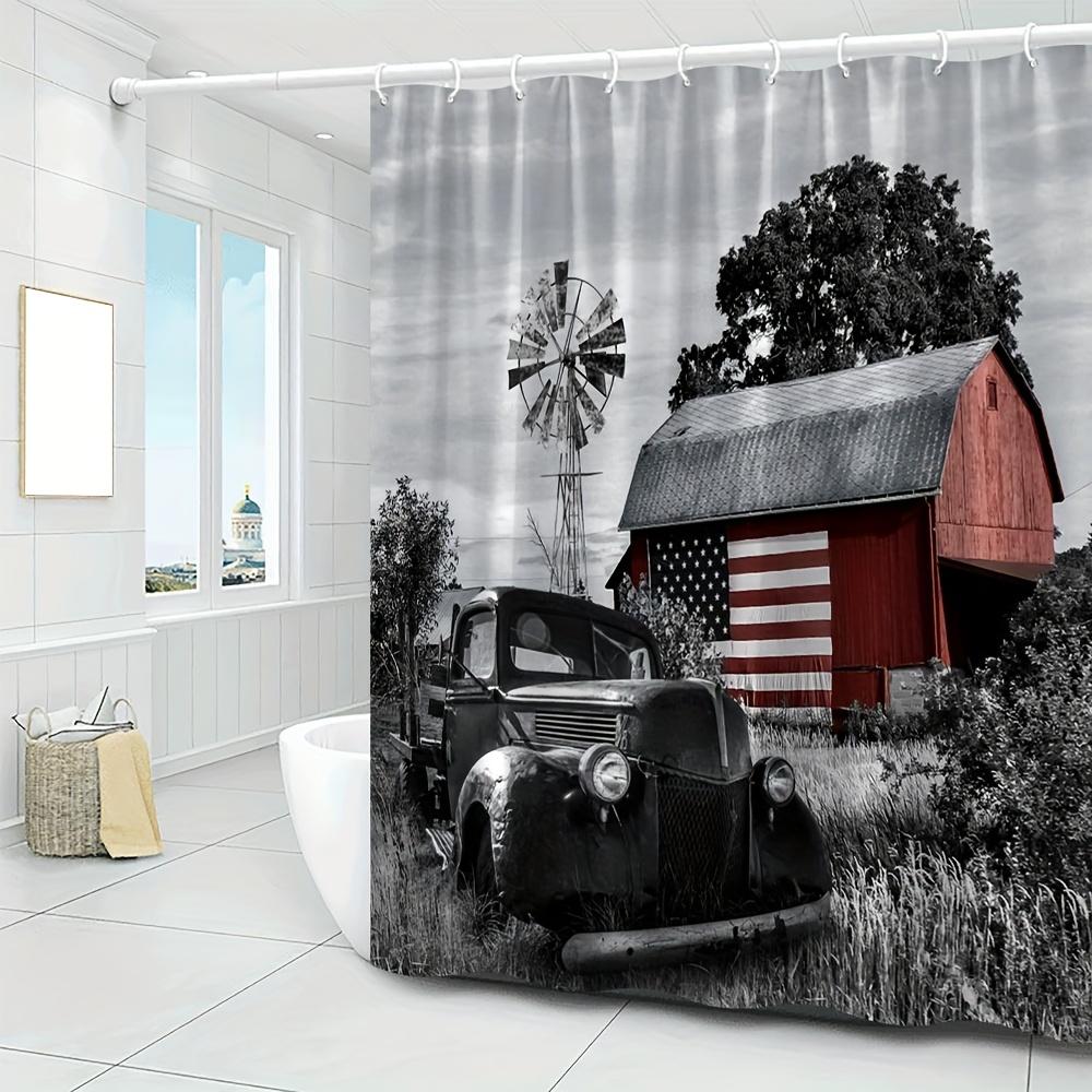Vintage Farm Scene Bath Curtain - American Flag, Barn, Classic Truck; Waterproof & Rustic Home Decor Adds Charm To Bathroom.