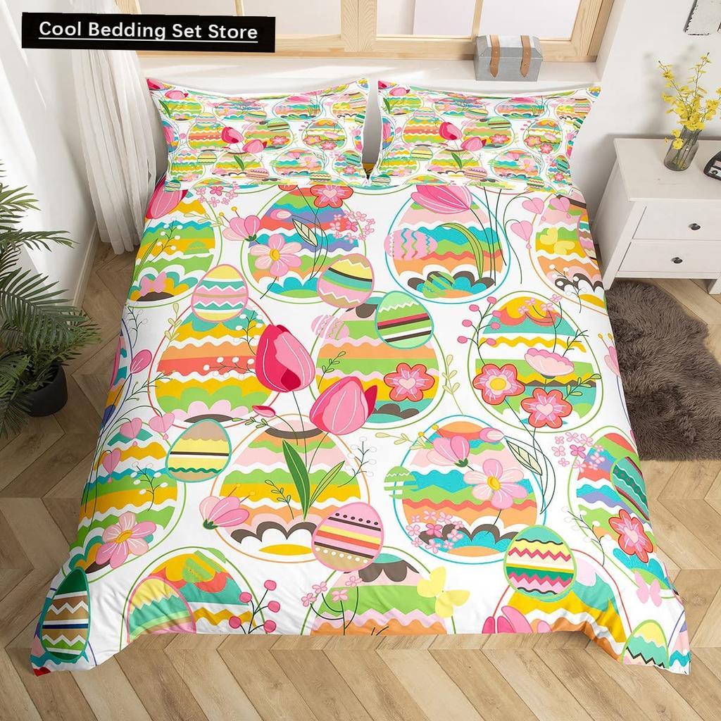 Watercolor Easter Eggs King Queen Bedding Set Happy Easter Themed Duvet Cover Toddlers Rainbow Easter Egg Polyester Quilt Cover