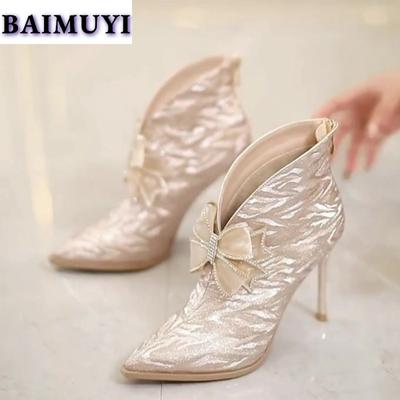 Dámske Prom Luxusné Vysoké Podpätky Členkové Čižmy Krištáľová Mašľa Špicaté Topánky Elegantné Spoločenské Topánky Trend 2025 Nové Sexy Lodičky Botas Mujer