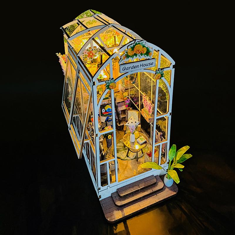 DIY Garden House Book Nook Shelf Insert Miniature Building Kits Wooden DollHouse Flower Garden Room Bookshelf with LED Lights
