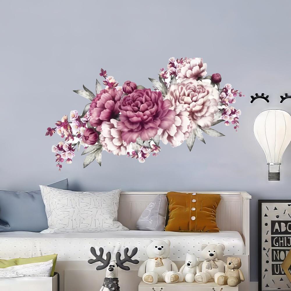 Self-adhesive PVC Wall Stickers Modern Peony Rose Watercolor Blooming Flowers for Living Room Decor