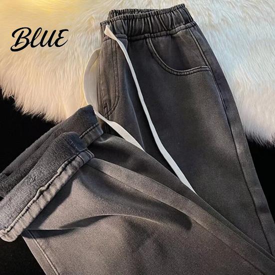 Solid Color Jeans Pants Loose Waist Adjustable Mid-rise Elastic Women Winter Drawstring Sport Fit