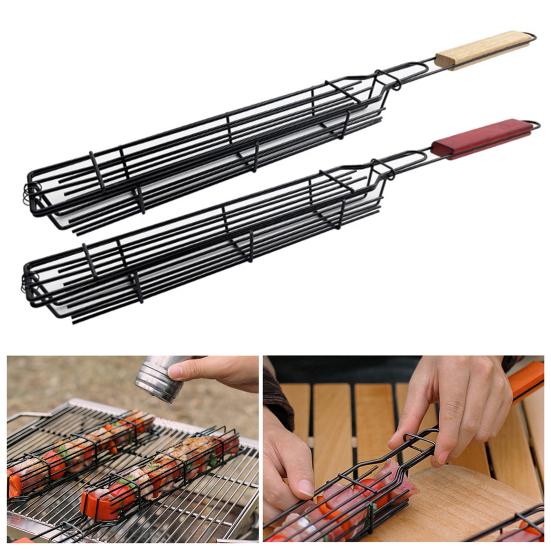 Stainless Steel BBQ Grill Basket with Wooden Handle Non-Stick Sausage Roasting Cage Multi-functional Grill Utensil for Outdoor Camping