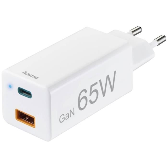 Chargeur USB HAMA GaN 65W 00201643 - 2 X USB-A, USB-C - Courant De Sortie 3000 mA - Blanc