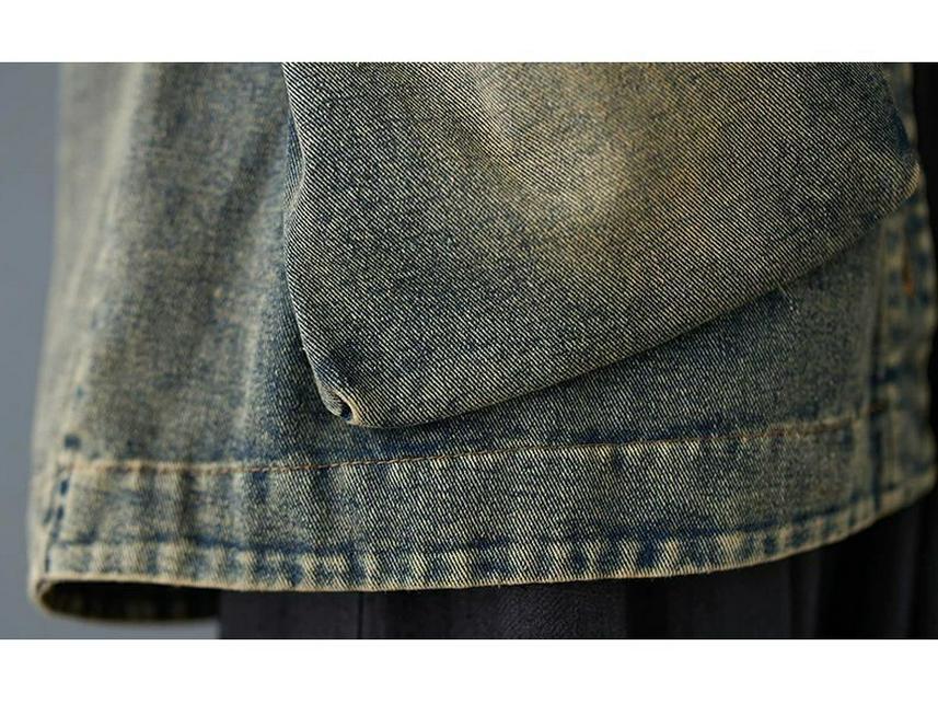 Plus Size V-neck Versatile Casual Long Sleeve Distressed Denim Jacket