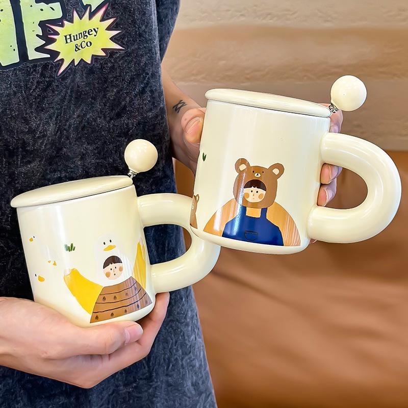 Mili Life Cute Cup with Lid Mug Ceramic Cup Female Couple Cup Coffee Cup Creative Water Cup Breakfast Cup