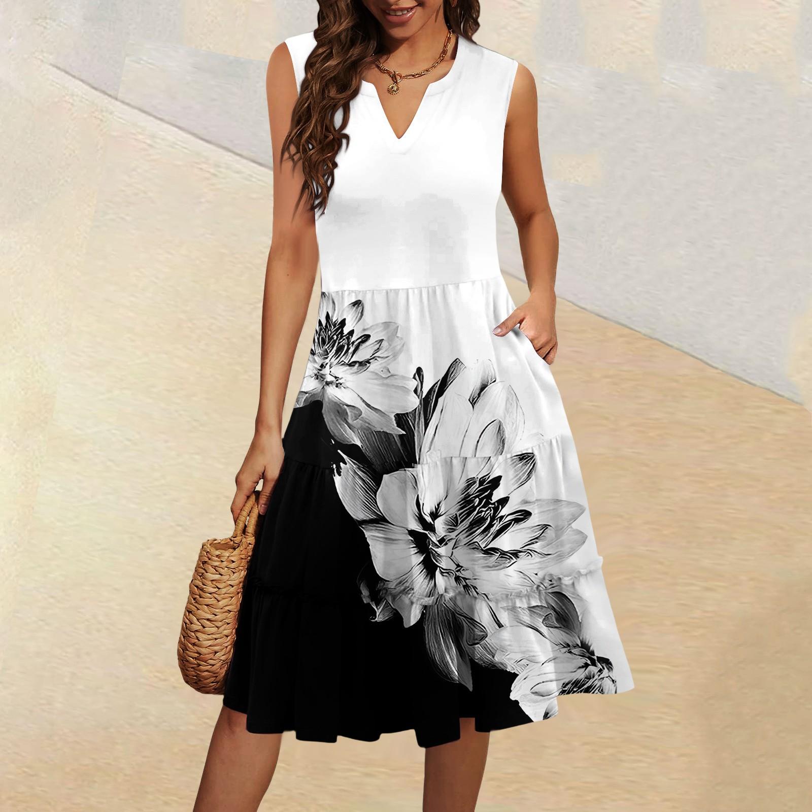 

Женские летние повседневные платья без рукавов с V-образным вырезом и плиссированными оборками в винтажном стиле с цветочным принтом XL чёрный