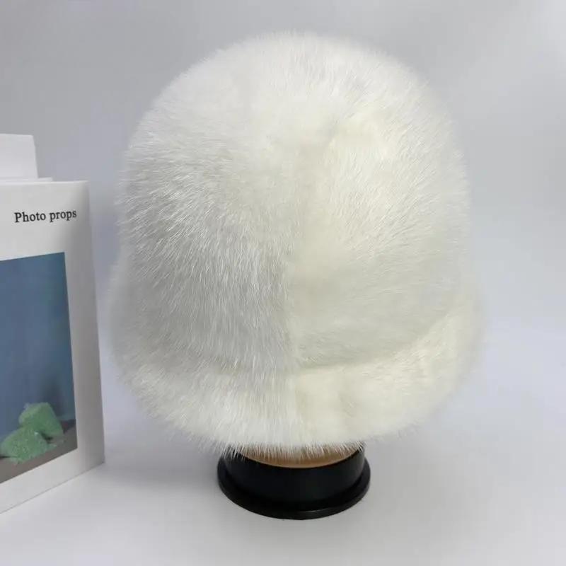 Women's Winter Hat Luxury Mink Cap Solid Fashion Bucket Domo Hat Soft Brim Outdoor Ushanka Russian Stylish Genuine Mink Fur Hat