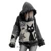 Imitation Cashmere Sweater Hooded Long Sleeve Halloween Ghost Cat Pattern Sweater Retro Print Loose Fit Distressed Knitting Hoodie