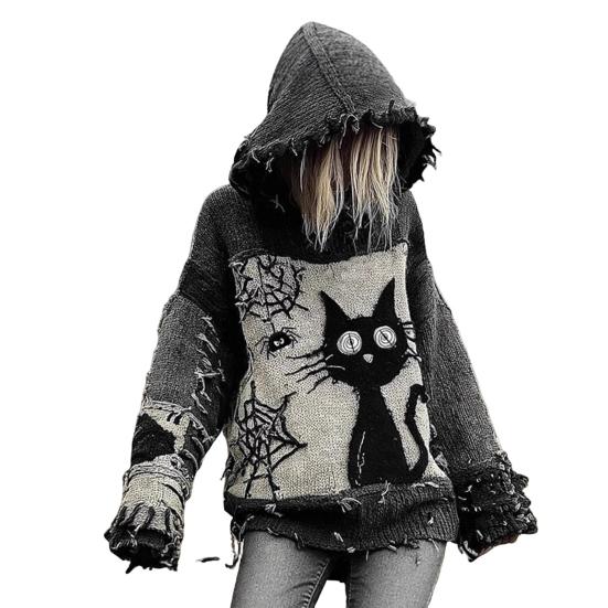 Imitation Cashmere Sweater Hooded Long Sleeve Halloween Ghost Cat Pattern Sweater Retro Print Loose Fit Distressed Knitting Hoodie