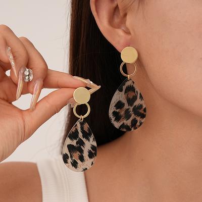 Leopard Print Rectangular Water Drop Silver Needle Earrings Fashion Temperament Earrings