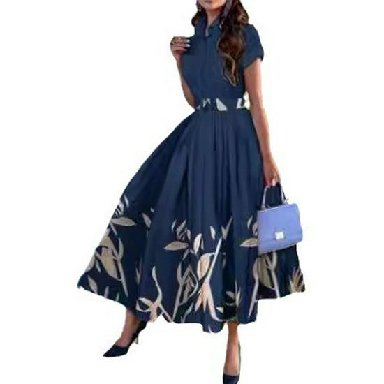 2024 Floral Print Short Sleeve Button Dress with Belt – European & American Style, Big Swing, Shirt Collar