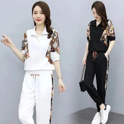 Dámský letní teplákový komplet Tužkové kalhoty Ležérní Cropped Top + Kalhoty Dvoudílná sada