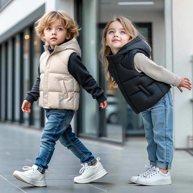 Autumn Winter Boys Girls Vest Solid Color Waterproof Thick Keep Warm Zipper Jacket for Kids Cotton Down Waistcoat