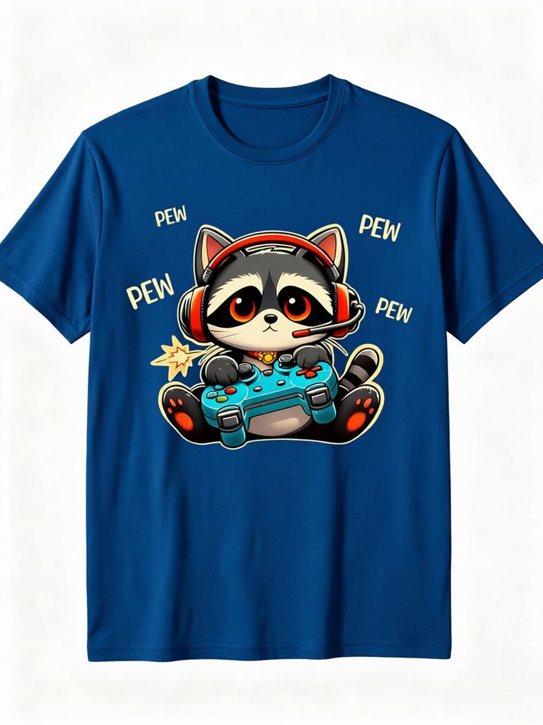 Cute Gaming Raccoon Pew Pew TShirt Cartoon Gamer Animal Graphic Tee Casual Cotton Short Sleeve Tshirt