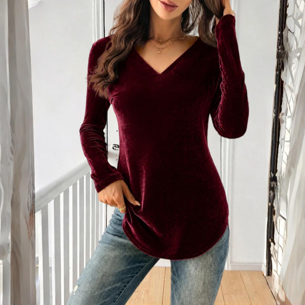 Women's Fashion V-Neck Long Sleeve Pullover Top Color Vintage Casual Blouse