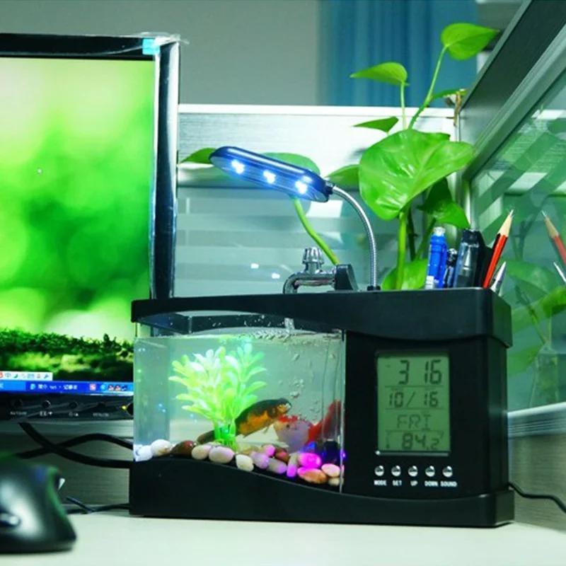 Office Decoration Fish Tank Clock Night Light Usb Mini Goldfish Bowl Table Lamp Small Multifunctional Ecological Aquarium