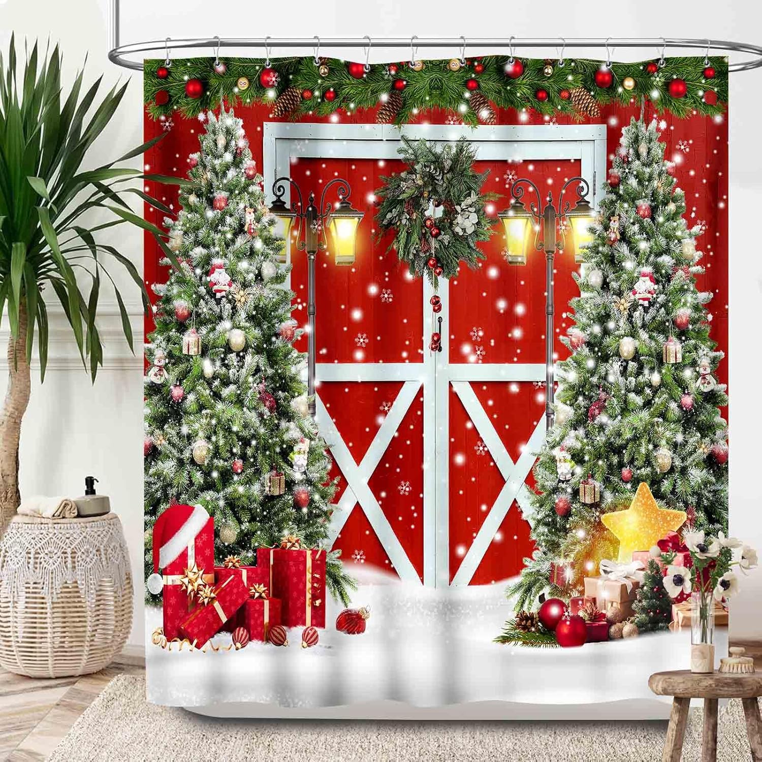 

Christmas Shower Curtain,Winter Fireplace Xmas Trees Gifts Printed New Year Waterproof Fabric Bathroom Shower Curtain Set with 90x180CM