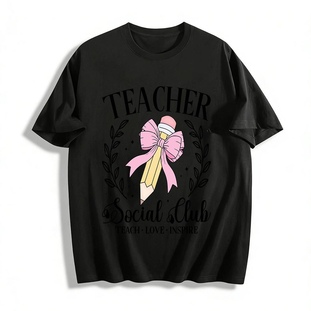 Teacher Social Club Teach Love Inspire Pencil Bow Graphic Tee Pure cotton T-shirt XXS