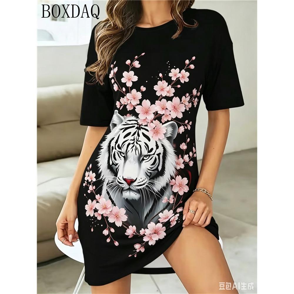 Sommer Damenkleider Lässig Kurzarm Rundhals Tiger Muster Gedruckt Locker Kleid