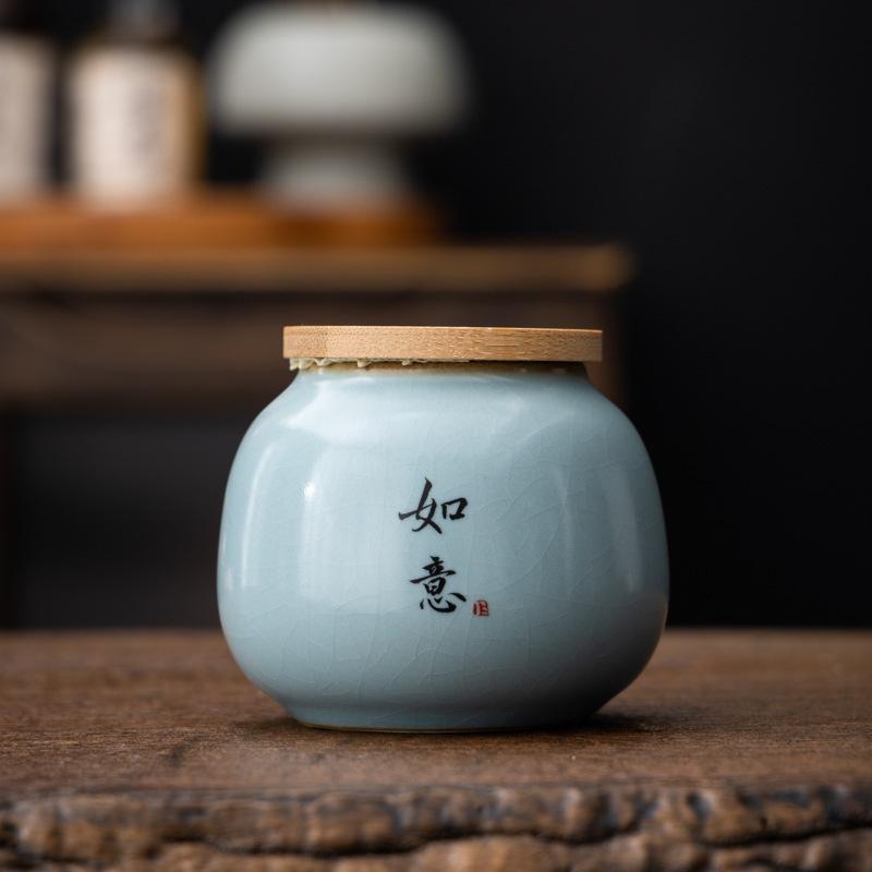 Tea Canister Ceramic Small Tianqing Ru Kiln Crackle Sealed Household Tea Storage Canister Pu'er Tea Green Tea Packaging Canister