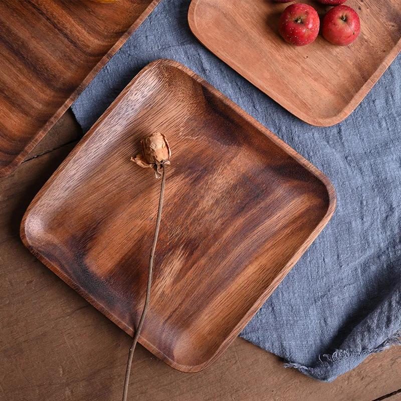 1 bucată farfurie pătrată din lemn de salcâm farfurie mare mică, din lemn, pentru gustare, prăjitură, fructe, aperitiv, pâine, farfurie de servire, tavă de ceai, ustensile din lemn