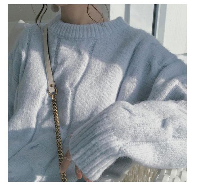 Damen Weicher Blauer Fufu Pullover: Lockerer, wachsartiger Strickpullover für Herbst und Winter