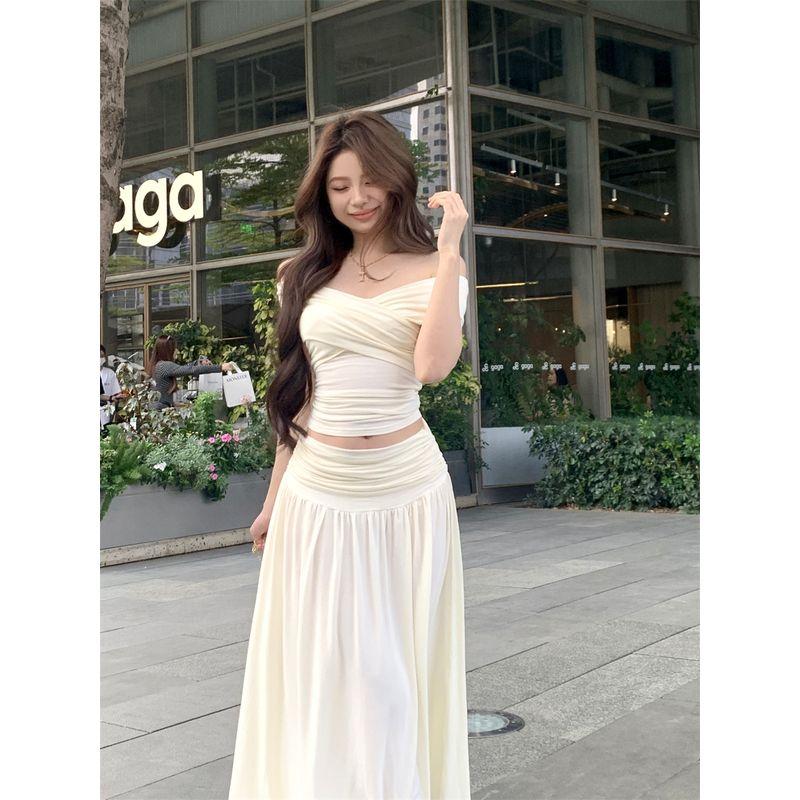 Kumikumi Pure Desire Set Pleat Cross off-Neck T-shirt Women Summer Drape High Waist Skirt Two-piece Set