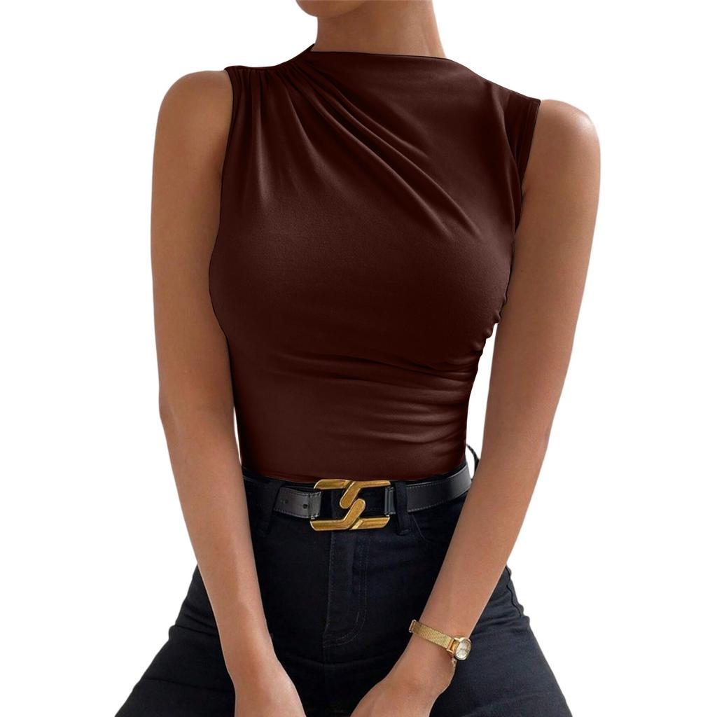 Sleeveless Tops For Women Casual Mock Neck Slim Fitted Ruched Shirts High Neck Summer Shirt Tops