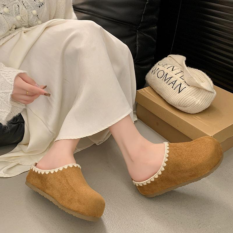Inner heightening bag head woven half slippers women's autumn and winter piled thickened warm one pedal lazy shoes women