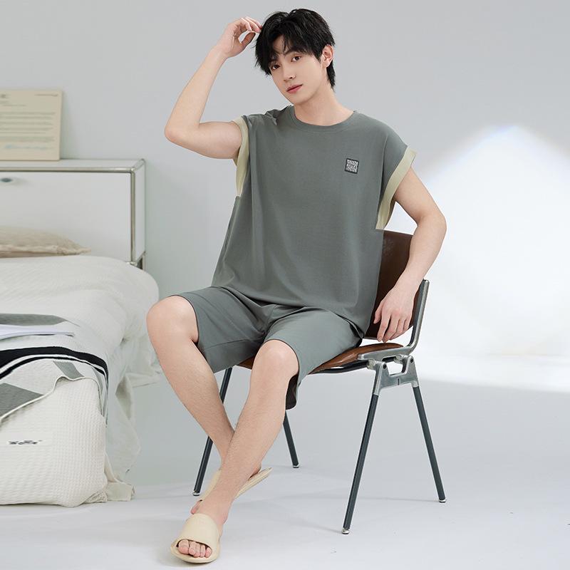 7A Antibacterial Plus Size Cotton Pajamas for Men - Short Sleeve & Shorts, Cooling, Round Neck, Summer Outerwear/Loungewear