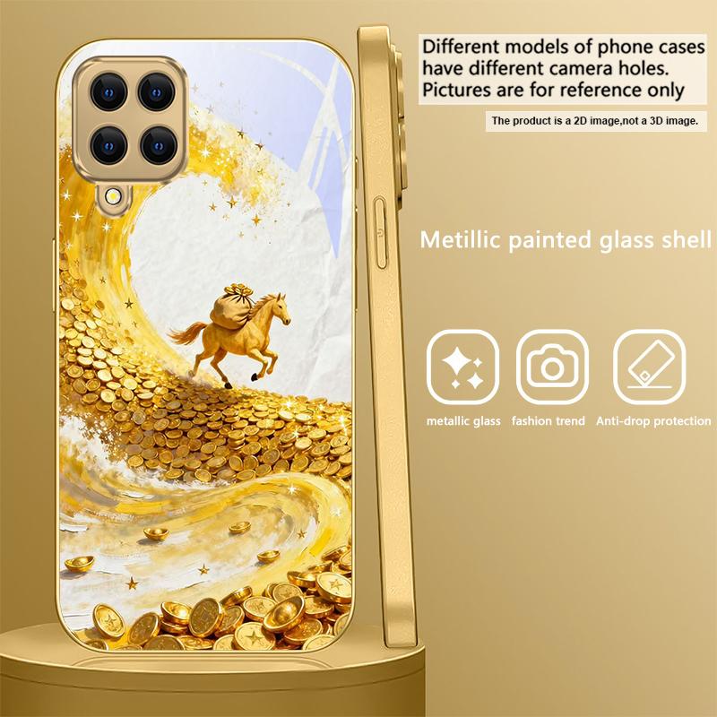 golden galloping horse For Samsung A 01 52S A04 A05S A10 A12 A13 22 23 24 36 42 M02 Note 10 20Ultra 8 9 Golden glass phone case
