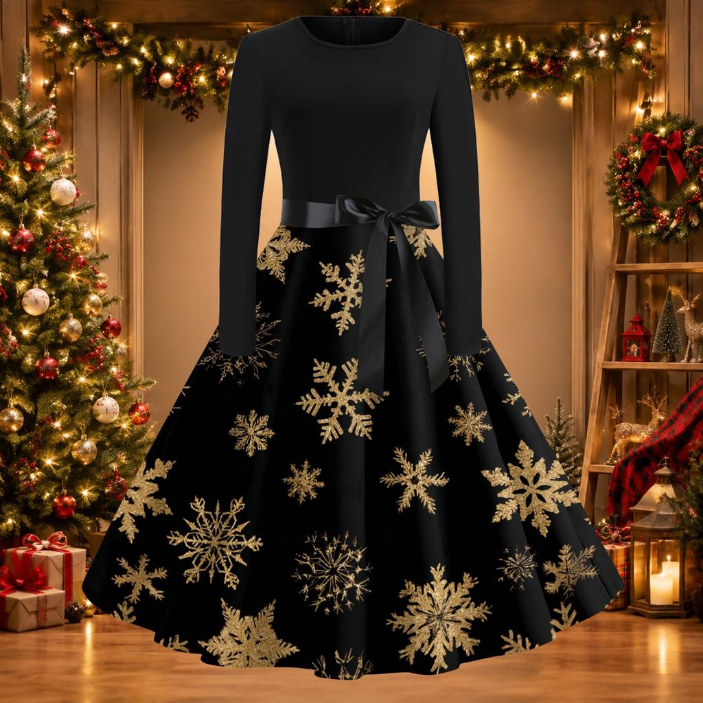 Women's Casual Christmas Print Neck Vintage Dress for Holiday Party
