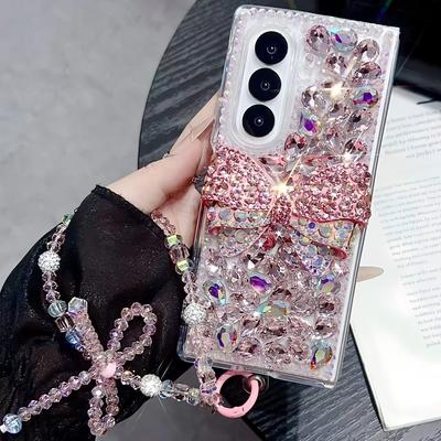 Glitter Rhinestone Bow Case with Beaded Chain For Samsung Galaxy Z Fold8 Ultra Fold7 Fold6 Fold5 Fold4 Fold3 Cover