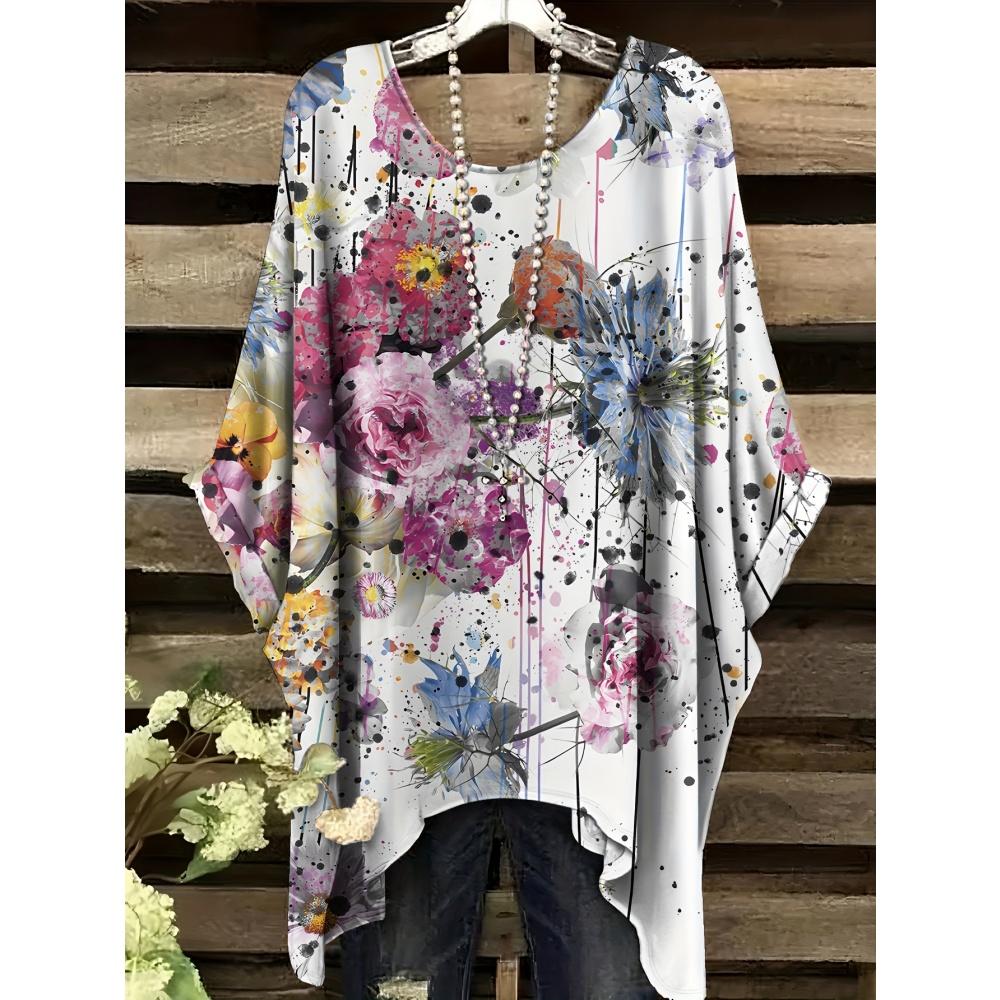 Haine de Vară Femei 2025 Albastru Marin și Alb cu Imprimeu Floral Elegant Versatil Design Decolteu Rotund Mânecă Scurtă Top Y2k pentru Femei