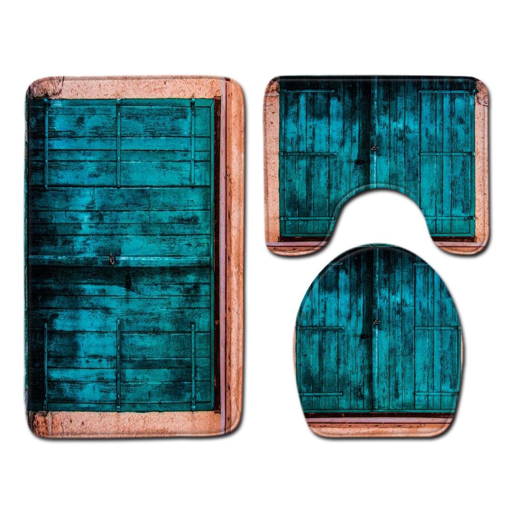 Wood Grain Board Texture Toilet Carpet Set Bathroom Non-Slip Floor Mat Doormat
