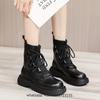 Fashion Black Leather Cross Lace Up Boots Women Fashion Round Toe Platform Flat Heel Ankle Boots Stretch Cloth INS Real Leather Shoes