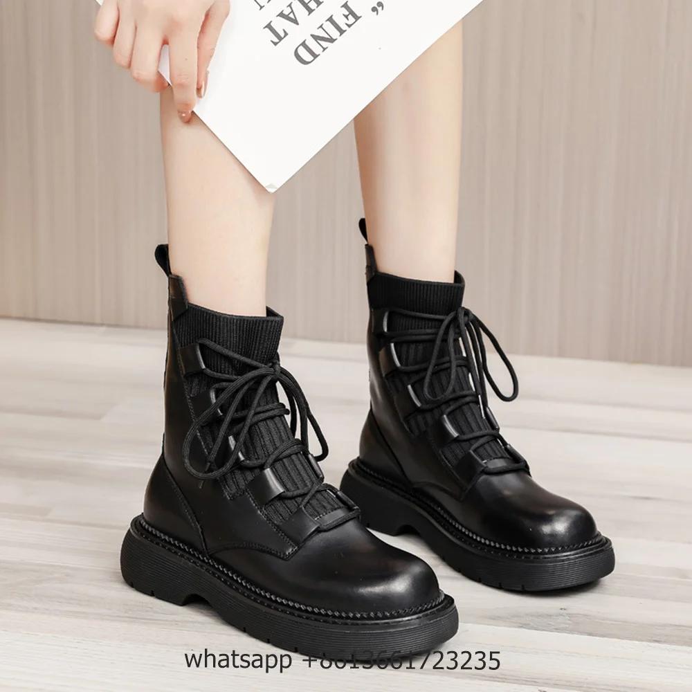 Fashion Black Leather Cross Lace Up Boots Women Fashion Round Toe Platform Flat Heel Ankle Boots Stretch Cloth INS Real Leather Shoes