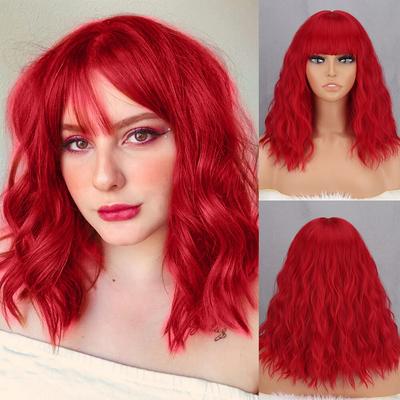 Parrucca ondulata alla lunghezza della spalla di colore rosso Parrucca corta ondulata naturale in fibra sintetica Cosplay Parrucca moda donna da indossare ogni giorno