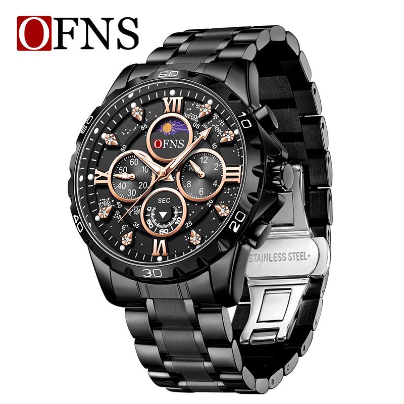 OFNS Men's Six-Hand Multifunctional Waterproof Quartz Watch with Large Dial and Steel Strap