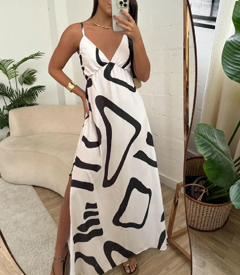 New Fashionable And Sexy Slit Print Suspender Sleeveless Dress