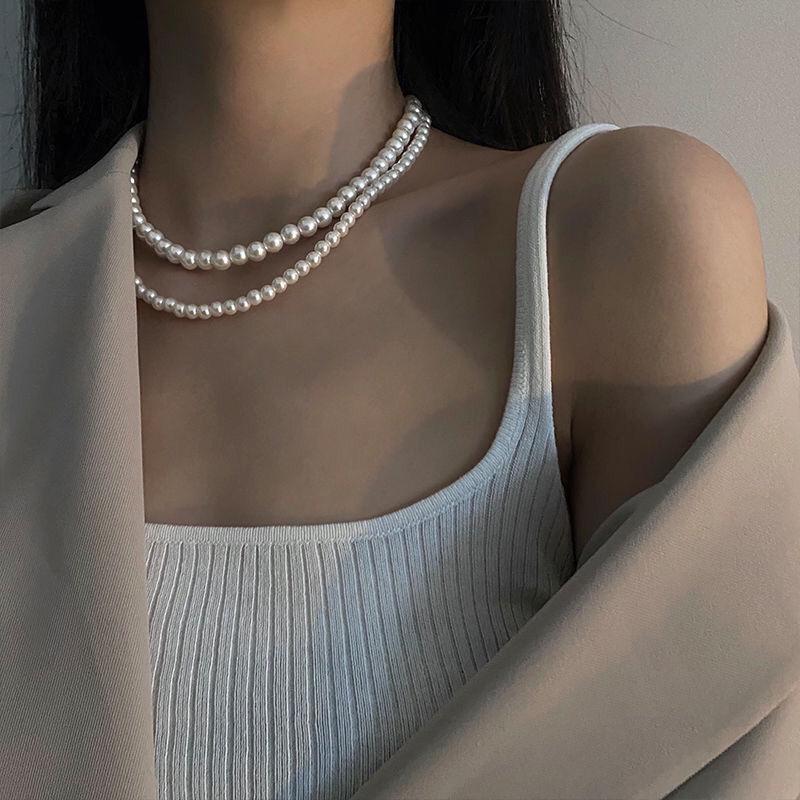 Spring and summer versatile personality trend double-layer pearl necklace retro collarbone chain niche neck chain ing