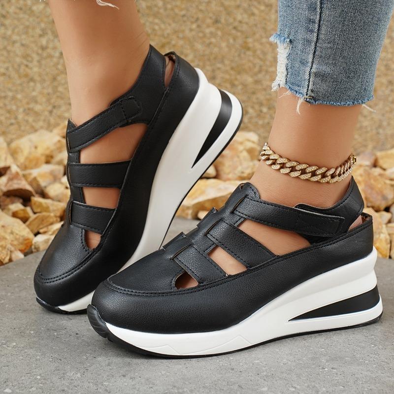 

Полые повседневные сандалии женские для улицы лето новые тонкие на толстой подошве-маффин женская обувь 36 чёрный