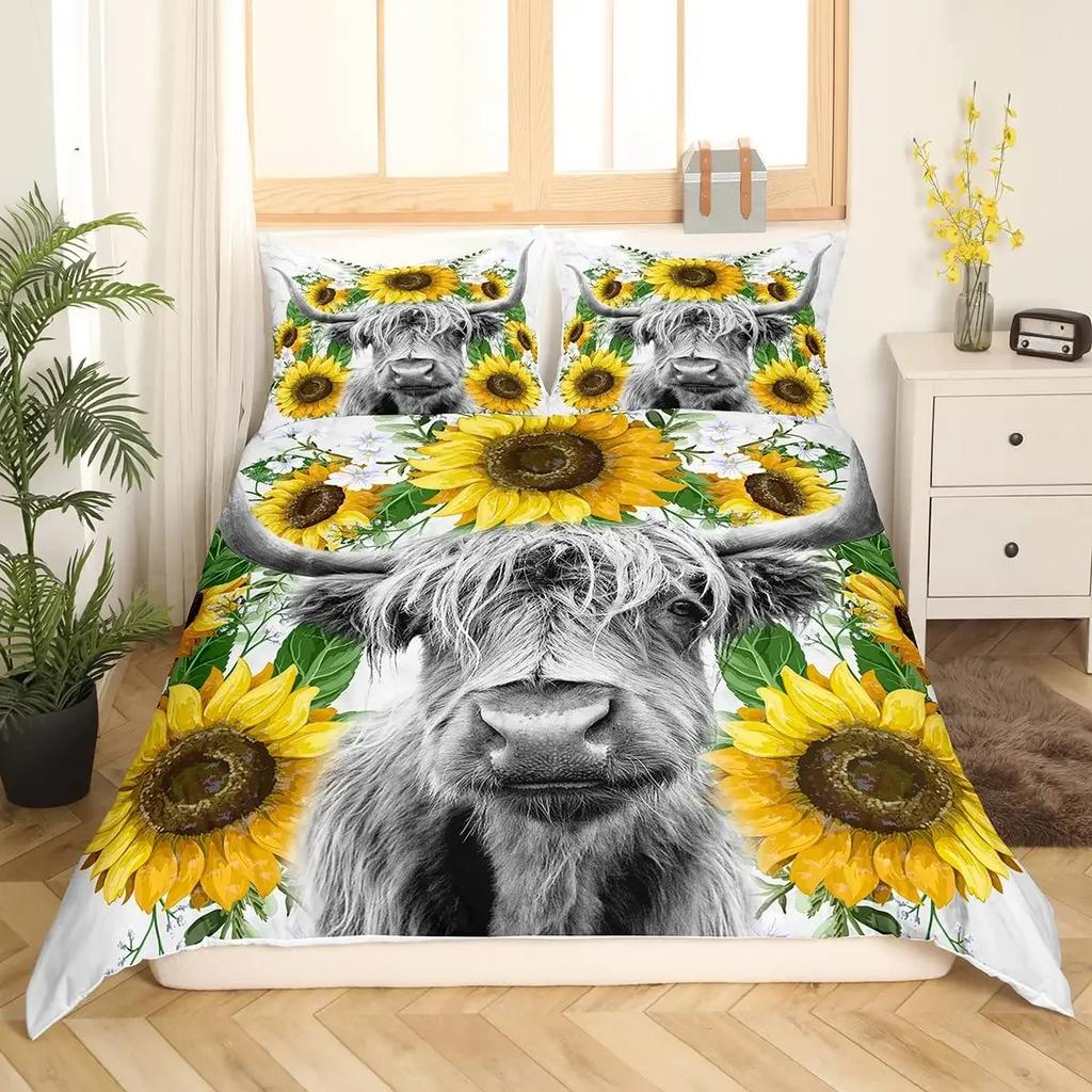 Zestaw Poszwy na Kołdrę Highland Cow Rozmiar Twin Krowa Kwiatowy Zestaw Pościeli Żółty Słonecznik Zachodni Zabawny Zwierzę Krowa Poliestrowa Poszwa na Kołdrę
