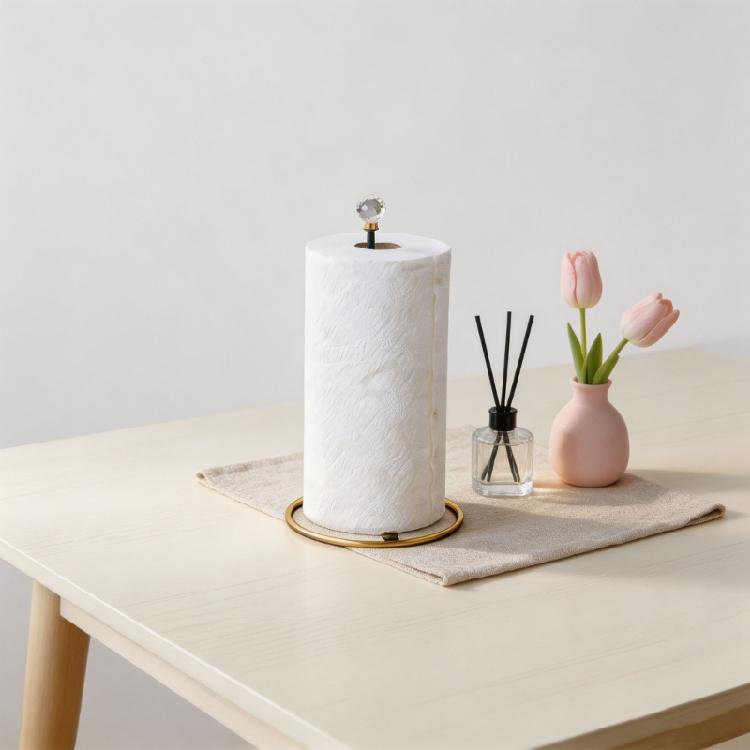 Home Paper Towel Stand with Open Base Design, Metal Tissue Rack and Clear Faceted Accent for Kitchen Counter, Dining Area, and Bath Use